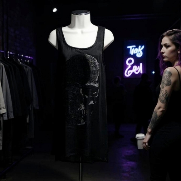 Retro Doll Black Sleeveless Skull Tank Dress – High-Low Hem, Sheer Layer – S - Picture 3 of 12